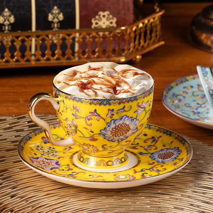 KAMMAK Tea Cups and Saucers Set of 2, Porcelain Coffee Cups, 7.4oz Stackable Espresso Mugs, Ceramic Demitasse for Coffee, Latte, Americano, Tea (641N+642N)