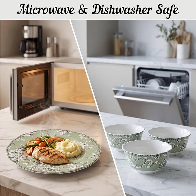 222 Fifth Adelaide Sage 12-Piece Green Porcelain Dinnerware Set – Service for 4, Big Dinner Plates and Bowls Sets, Green with White Floral Pattern, for Daily Entertainment, Microwave & Dishwasher Safe