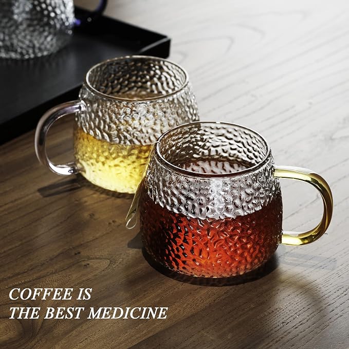LUXU Hammered Tea Cups,Glass Coffee Mugs,Set of 6 Coffee Cups with Different Color Handles-15 oz,Prefect for Cappuccino,Latte,Water,Mocha,Milk,Widely Used for Cafes,Home and Office