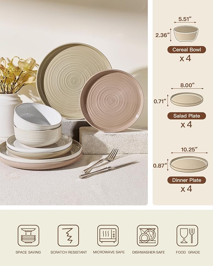 12-Piece Stoneware Dinnerware Sets, Service for 4 - Farmhouse Coupe Plates and Bowls with Speckles & Spirals - Chip & Scratch Resistant, Microwave & Dishwasher Safe, Multicolor