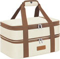 LHZK Double Decker Insulated Casserole Carrier for Hot or Cold Food, Expandable Hot Food Carrier, Lasagna Holder Tote for Potluck Parties, Picnic, Beach, Fits 11 x 15 or 9 x 13 Baking Dish (Beige)