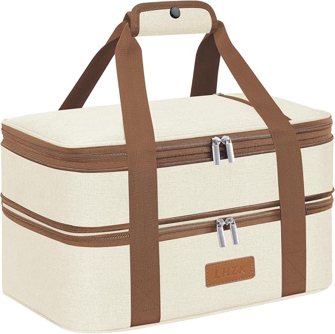 LHZK Double Decker Insulated Casserole Carrier for Hot or Cold Food, Expandable Hot Food Carrier, Lasagna Holder Tote for Potluck Parties, Picnic, Beach, Fits 11 x 15 or 9 x 13 Baking Dish (Beige)