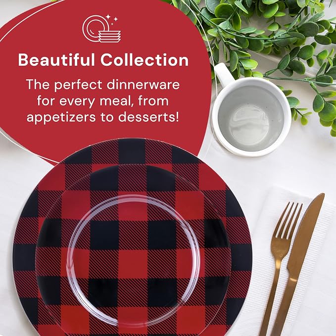 Safdie & Co. 16-Piece Red, Black Plaid Dinnerware Set, Porcelain, Includes Bowls, Plates, and Mugs, Dishwasher Safe