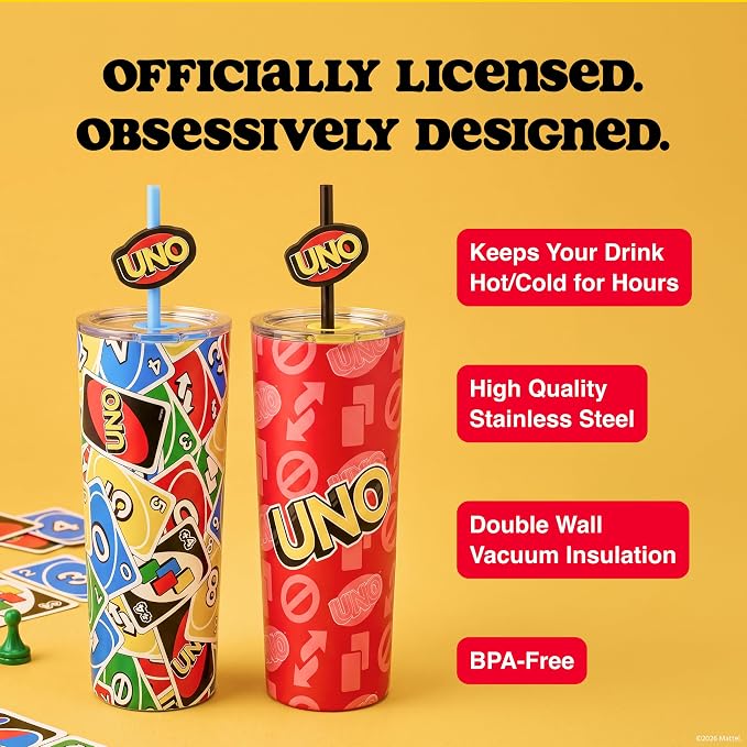 Dragon Glassware x UNO Stainless Steel Tumbler with Straws, 24 oz 2-Pack | Vacuum Insulated Stainless Steel Tumbler with Straws & Lids; Double Walled Tumbler with Straw Topper; Official UNO Merch