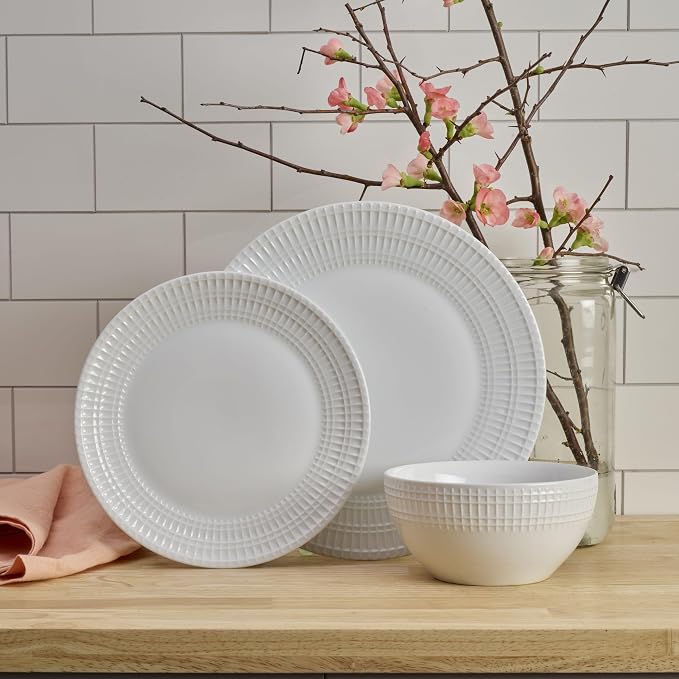 Everyday White Dillan 12 piece Dinnerware Plate Bowl Set, Service for 4