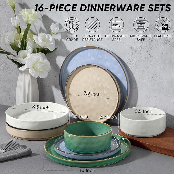 E-far 16-Piece Plates and Bowls Sets with Pasta Bowls - Stoneware Dinnerware Set for 4, Modern Ribbed Dishes, Microwave & Dishwasher Safe, Multicolor