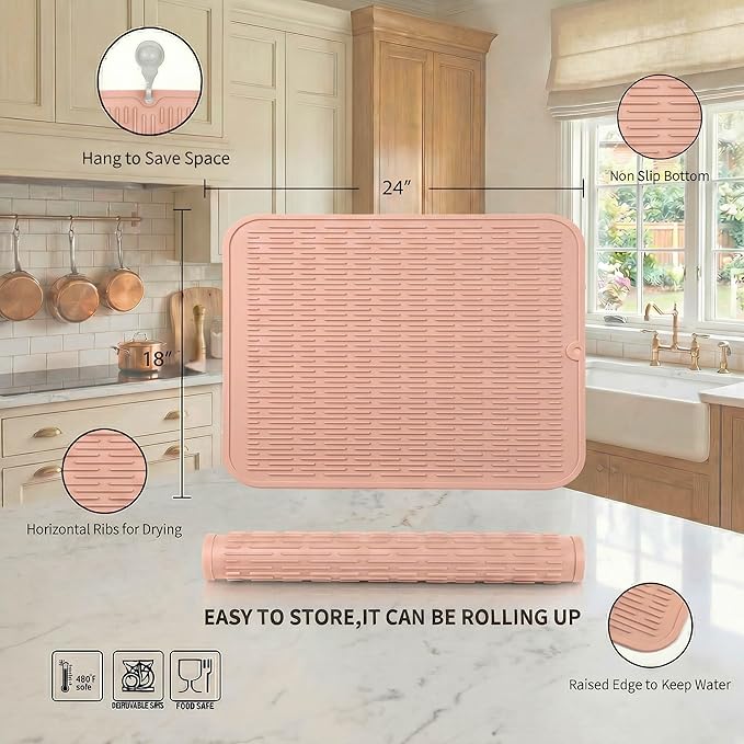 MicoYang Silicone Dish Drying Mat for Multiple Usage,Easy clean,Eco-friendly,Heat-resistant Silicone Mat for Kitchen Counter or Sink,Refrigerator or Drawer Liner Pink 2XL 24 inches x 18 inches