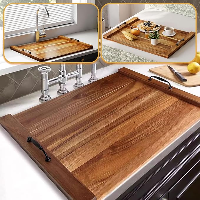 Noodle Board Stove Cover with Handles for Electric, Gas Stove Top (Acacia Wood)