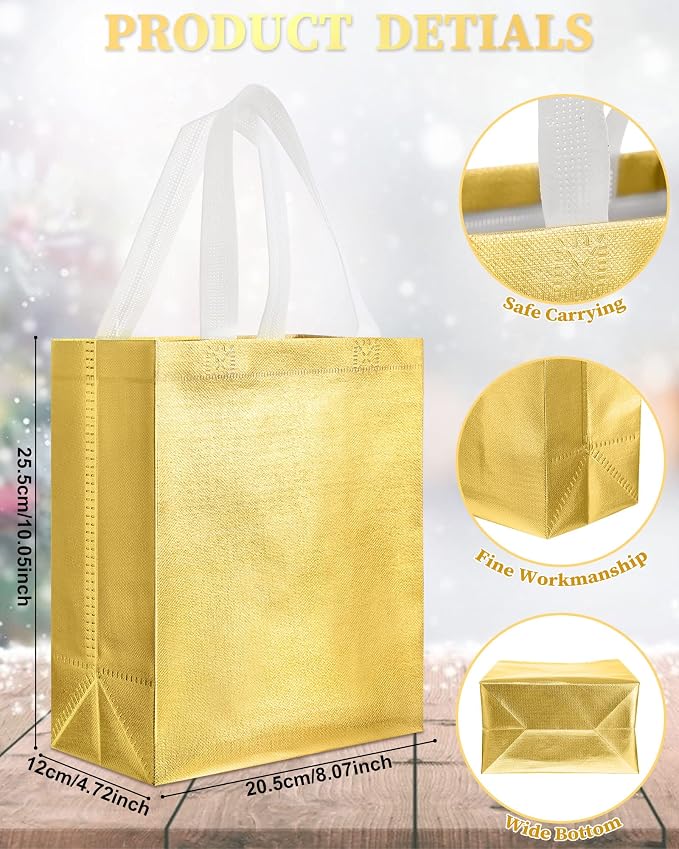 Eccliy Reusable Gift Bags Set Glossy Grocery Gift Tote Bag with Handle for Wedding, Bridal Shower, 4th of July, Summer Event(10 x 8 x 4.7 Inch,Gold,80 Pcs)