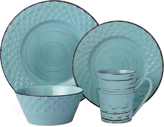 Lorren Home Trends 16 Piece Distressed Weave Dinnerware Set-Blue