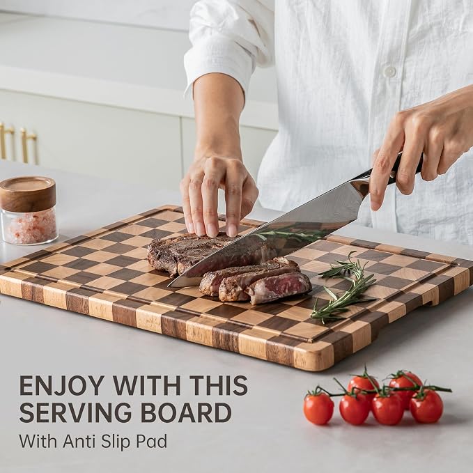 THETCHRY Cutting Boards for Kitchen, Checkered Wood Cutting Board, Walnut Chopping Board with Juice Grooves & Handles, Butcher Block Serving Tray with Gift Box 16" x 11" x 0.8"