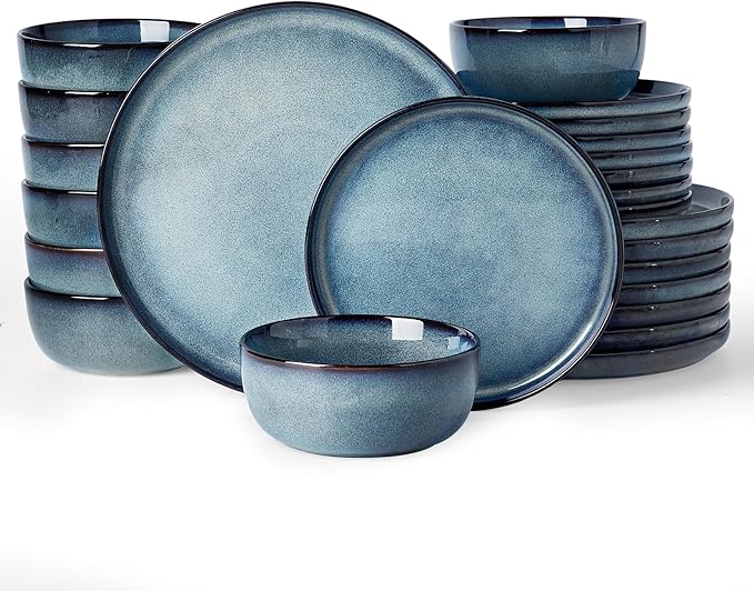 Famiware Milkyway Stoneware Dinnerware Set, 24-Piece, Double Reactive Glaze, Plates and Bowls, Service for 8, Microwave and Dishwasher Safe, Scratch-Resistant, Dusty Blue