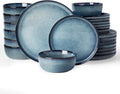 Famiware Milkyway Stoneware Dinnerware Set, 24-Piece, Double Reactive Glaze, Plates and Bowls, Service for 8, Microwave and Dishwasher Safe, Scratch-Resistant, Dusty Blue