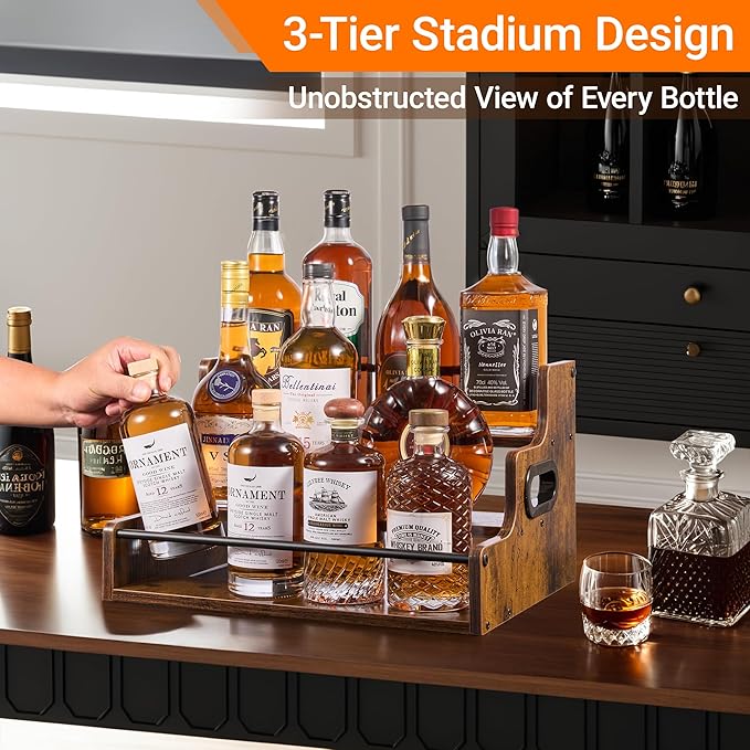 YQBRAO [Upgraded] Rustic Wood Liquor Bottle Display Shelf, 3-Tier Liquor Shelf for Bar Counter, Coffee Syrup Rack Organizer with Handles & Metal Guardrail, Bar Bottle Stand for Home, Kitchen, Cafe