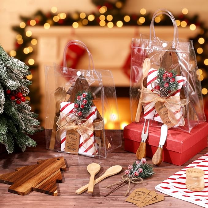 Potchen 6 Set Christmas Kitchen Gifts Wood Cheese Board Fork Spoon Butter Spreaders Dish Cloth Thank You Card Ribbon and Gift Bags for Merry Christmas Cooking Serving Xmas Utensils Gifts (Tree)