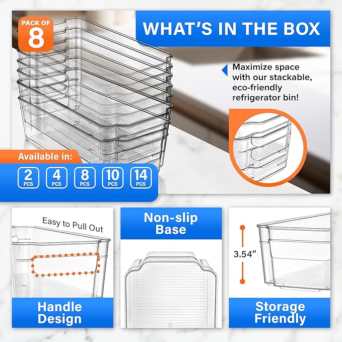 Lifemaster Multi-Purpose Refrigerator Bins - 8 Pieces Usable And Stackable Design Fridge Bin Organizer With Easy Grip Handles - Clear