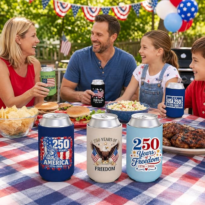200 Pcs Custom 4th of July American Can Cooler Sleeves, 250th Anniversary USA Patriotic Neoprene Drink Holder for Memorial Day Independence Day Party Favors Decorations Gifts