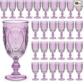 Wiwiqing 48 Pcs Plastic Goblets 7.5oz Vintage Goblet Plastic Wine Glasses Colored Retro Embossed Water Goblets for Wine Bar Juice Baby Shower Wedding Reception Grand Event Party (Purple)