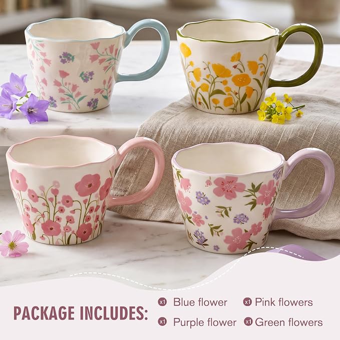 Cute Floral Coffee Mug Set of 4-12oz Ceramic Flower Embossed Cups with Petal Handles, Dishwasher and Microwave Safe