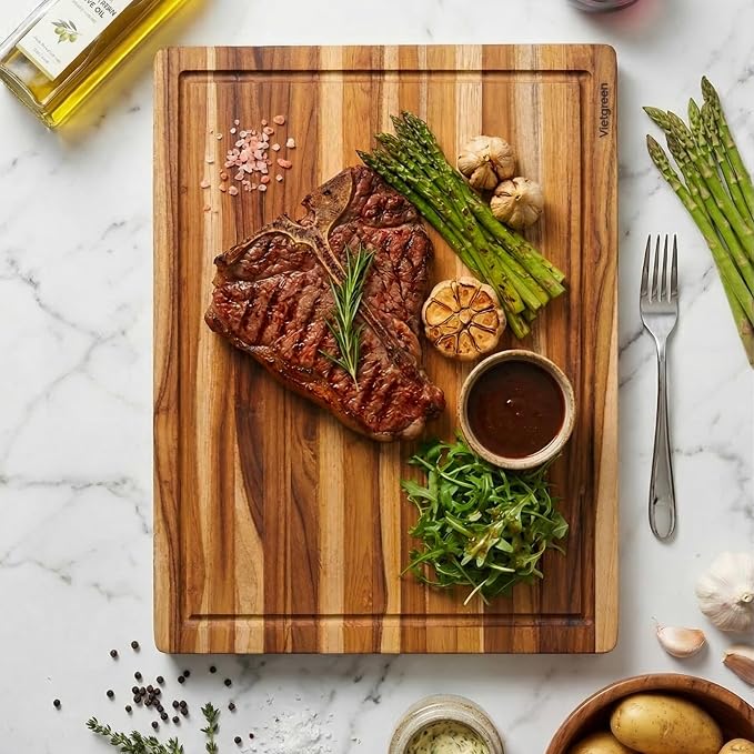 Teak Wood Cutting Boards for Kitchen, [18" x 14" x 1.25"] Medium Wooden Cutting Boards, Knife Friendly Butcher Block Cutting Board with Deep Juice Grooves and Built in Handle