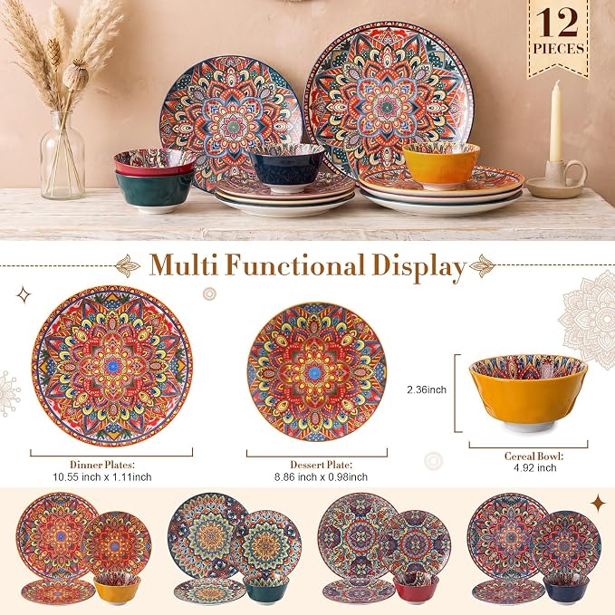 Domensi 12 Pieces Ceramic Dinnerware Sets Porcelain Plates and Bowls Set Service for 4 Ceramic Boho Dishes Tableware Bohemian Style Diningware Housewarming Wedding Gift