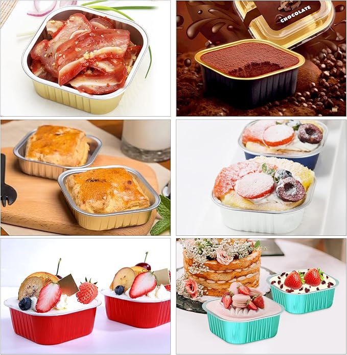 LNYZQUS 10oz/80pack Foil Mini Cake Tins with Lids 4”X4” Small Cake Baking Pans Cupcake Containers,Disposable Ramekins Mini Aluminum Brownie Pan Large Muffin Cups Holders-Cyan Blue