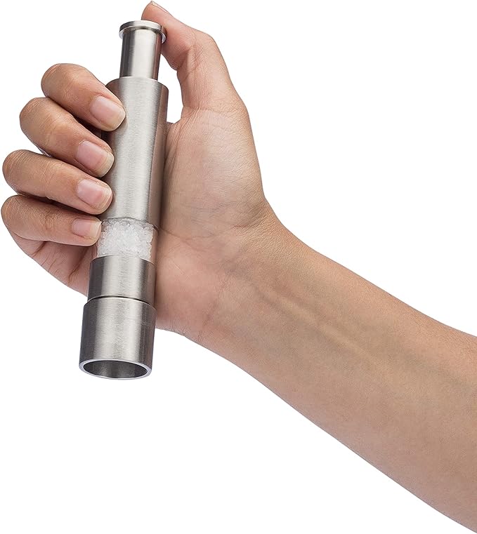 Grind Gourmet Salt and Pepper Grinder Set of 2 with Modern Thumb Push Button Red Grinder, Premium Stainless Steel, for Black Pepper, Sea Salt and Himalayan Salt, With Stand, Peppermill are Refillable