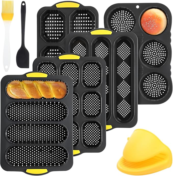 Reallnaive 8 Pcs Silicone Baguette Hamburger Bun Baking Pan Set 4 6 9 Cup French Bun Mold 3 Cup Nonstick Baguette Bread Pan with Tool for Homemade Bread Loaf Sandwich Microwave