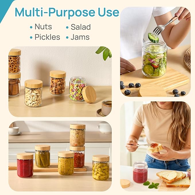 Vtopmart 8 Pack 16oz Glass Overnight Oats Containers with Bamboo Lids, Portable Wide Mouth Glass Jars Leak Proof, Reusable Glass Food Storage Containers for Yogurt Chia Pudding Salad Pickling Snacks