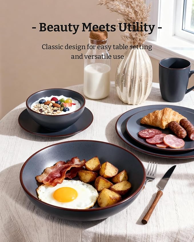 Famiware Venus 16-Piece Stoneware Dinnerware Sets with Mugs, Plates, Bowls, Service for 4, Matte Charcoal - Modern Ceramic Chip‑Resistant Dishes for Everyday & Formal Use, Microwave & Dishwasher Safe