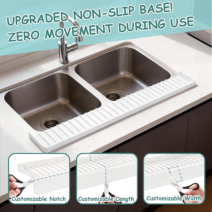 Silicone Sink Edge Protector Splash Guard, 20x4 Inch with Suction Cups & 5°Tilt, Cuttable for Kitchen Bathroom Countertops, Granite Quartz Surfaces (Transparency)