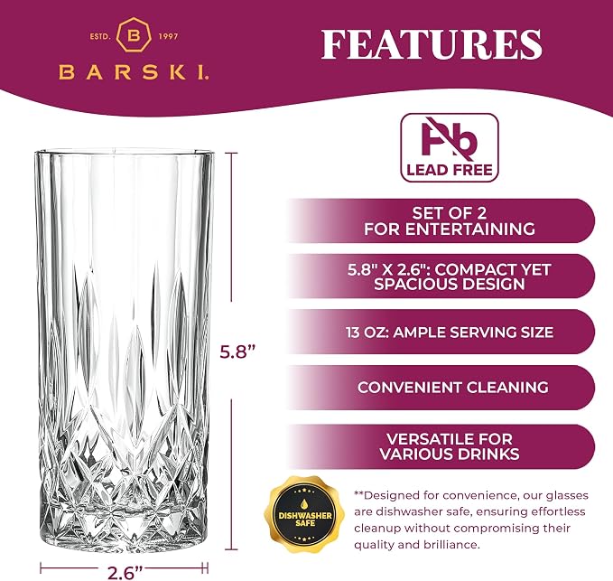 Barski Highball Glass - Drinking Glasses - Set of 2 - Hiball Tumblers - Glass Crystal Tumbler - for Water, Juice, Beer, Mixed Cocktails, Mojito Glass, Tom Collins Bar Glassware, 13 oz, Made in Europe