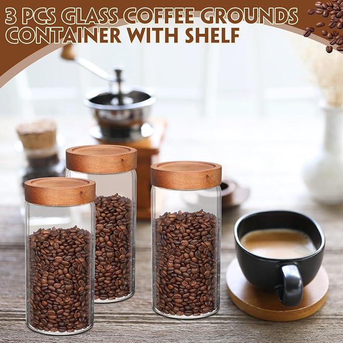 Suclain 3 Pcs 44 oz Glass Coffee Grounds Container with Shelf Glass Coffee Bean Storage Canisters with Airtight Lid and Measuring Spoon Food Storage Jars for Kitchen Sugar (Vintage Style)