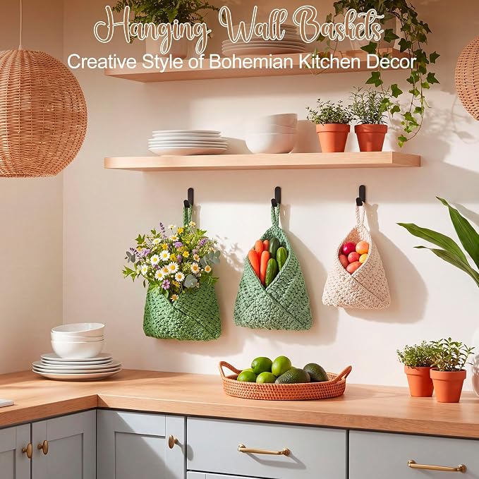 Honeydak Boho Decor Hanging Wall Baskets for Kitchen 3 Pack Teardrop Baskets with Hooks Storage Fruit Onion Vegetable Potato for Home 3 Sizes(Sage Color Palette,Triangle,Cotton Rope)