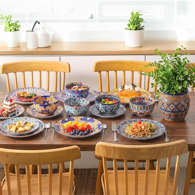glowworm Dinnerware Sets for 6, 18 Pieces Plates and Bowls Set, Ceramic Dishes Set for 6, Oven, Microwave & Dishwasher Safe, Scratch Resistant, Bohemian