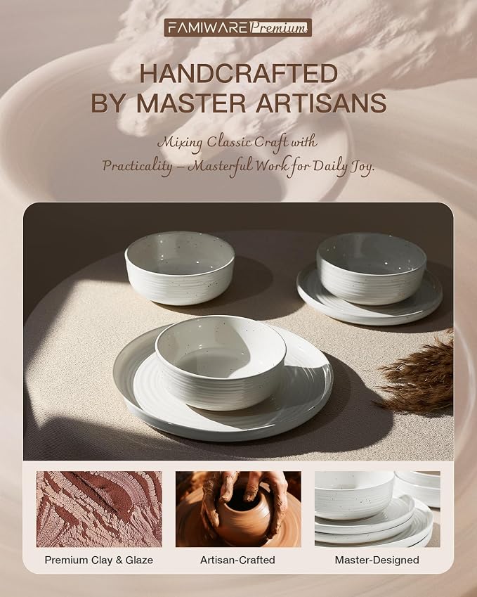 24-Piece Stoneware Dinnerware Sets for 6 with Pasta Bowls – Speckled Glaze with Spiral Design, Coupe Plates and Bowls - Chip & Scratch Resistant, Microwave & Dishwasher Safe, White
