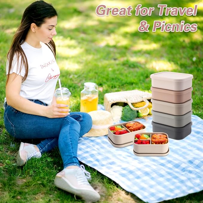Honeydak 6 Pcs Silicone Bento Box for Adults, 3 Compartment Lunchable Food Container for Women Men, Leak Proof Microwave Dishwasher Freezer Safe (Light Colors)