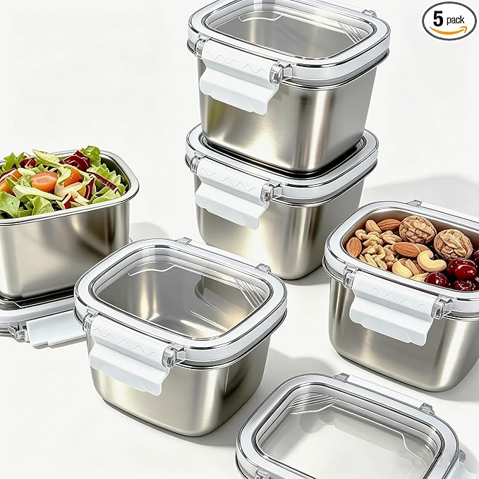 5 Pack Stainless Steel Food Storage Containers with Lids - 15.22 oz Small Snack Boxes & Lunch Containers, Shatterproof Leakproof Freezer Safe Meal Prep Containers for Portioning Snacks, Dips