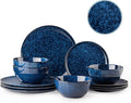 Dafuceramic Plates and Bowls Sets, 12 Pieces Dark Blue Dinnerware Sets for Kitchen, Reactive Glaze Dishes Set for 4, Dishwasher and Microwave Safe, Series Starflecked Shore(Dark Blue)