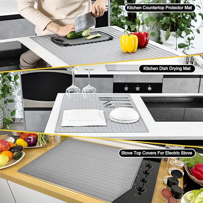Cook's Aid Stove Top Cover for Electric Stove - Silicone Stove Mat for Glass Top Stove, Glass Cooktop Protector, Dish Mat Drying Kitchen Mat (Light Grey, 20x28 Inch)