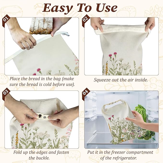 Bread Bags for Homemade Bread- Herbs Wild Flowers 2 Pack Linen and Beeswax Sourdough Storage Bags, Reusable Keeper, Keeps Breads Fresh Longer, Gifts for Bakers