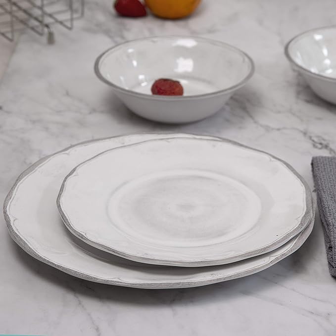 Melamine Dishes Dinnerware Sets - 12pcs Melamine Dinner Plates, Salad Plates and Bowls, for Everyday Use White