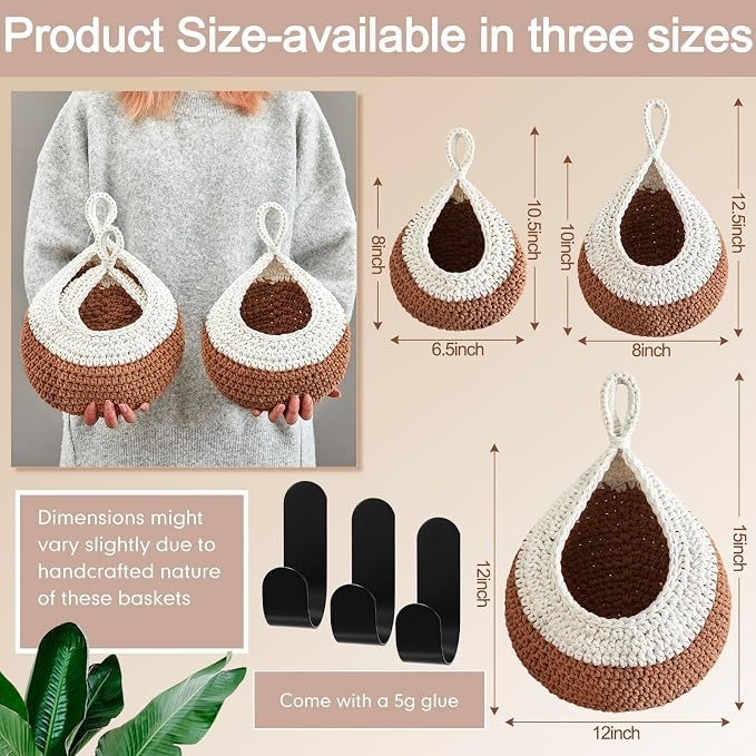 Honeydak Boho Decor Hanging Wall Baskets for Kitchen 3 Pack Teardrop Baskets with Hooks Storage Fruit Onion Vegetable Potato for Home 3 Sizes(White and Beige,Teardrop,Cotton Rope)