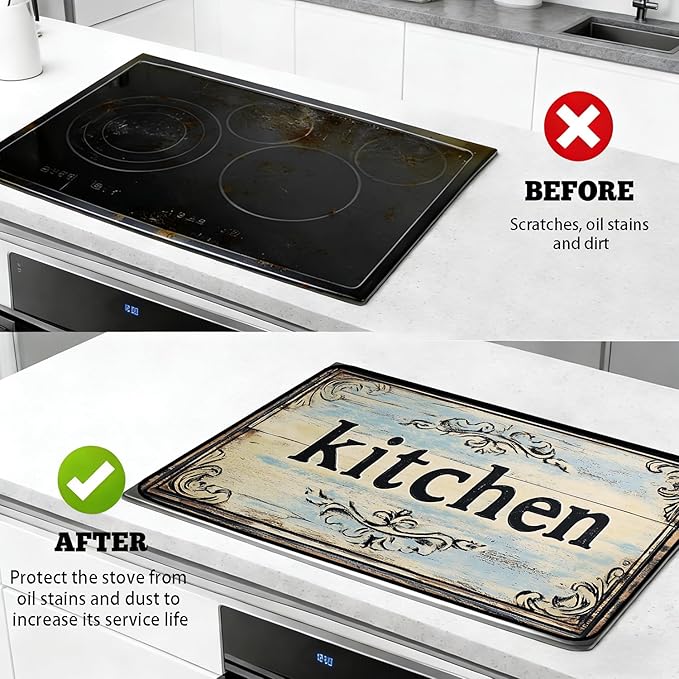 Stove Top Cover for Electric Stove, Vintage Farmhouse Style Glass Cooktop Protector, Multi-functional Kitchen Counter & Washer Top Cover