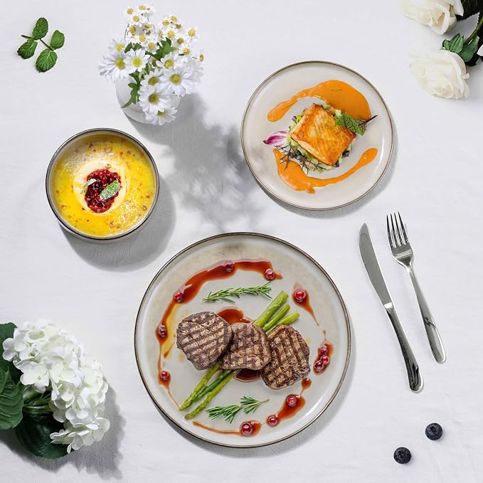 Herogo Stoneware Plates and Bowls Sets for 4, 12 Pieces Modern Round Dinnerware, Reactive Glaze Dishes Set for Kitchen, Chip Resistant, Microwave & Dishwasher Safe, Cream Khaki