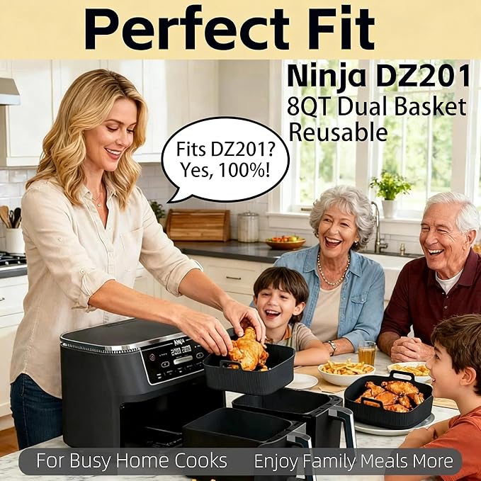 Silicone Air Fryer Liners for Ninja - Reusable DZ201 8QT Dual Basket - Rectangular 2-Pack Vacuum-Packed Easy-Clean Dishwasher-Safe Food-Safe for Home Chefs - Housewarming Gifts