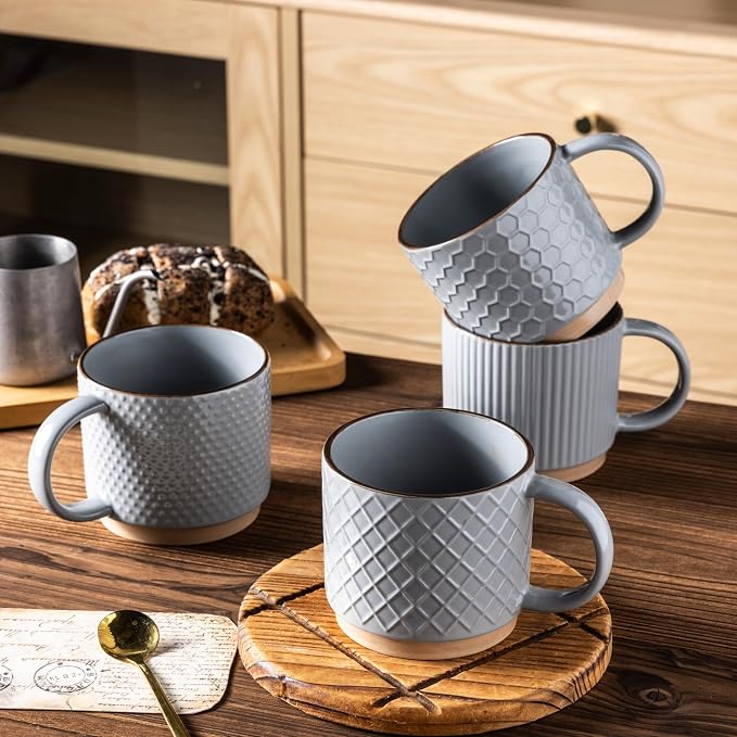 GBhome 15OZ Stackable Coffee Mugs, Ceramic Coffee Mugs with Texture Patterns for Man,Woman,Dad,Mom, Modern Coffee Cups Set of 4 for Latte/Cappuccino/Cocoa. Dishwasher&Microwave Safe, Gray