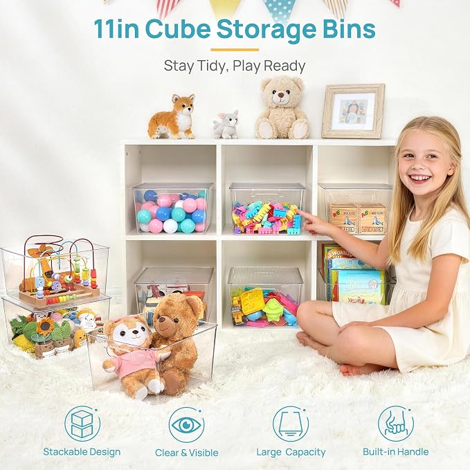 Vtopmart 4 Pack Extra Large Clear Stackable Storage Bins with Lids, 11x11 Cube Organizer with Handle, Plastic Containers for Pantry, Closet, LaundryRoom, Kitchen, Bathroom, UnderSink Organization