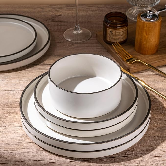 LERATIO Ceramic Dinnerware Sets for 6, High Edge Stoneware Plates and Bowls Set, Chip and Crack Resistant | Oven & Dishwasher & Microwave Safe Dishes Set, Service for 6 -Creamly White