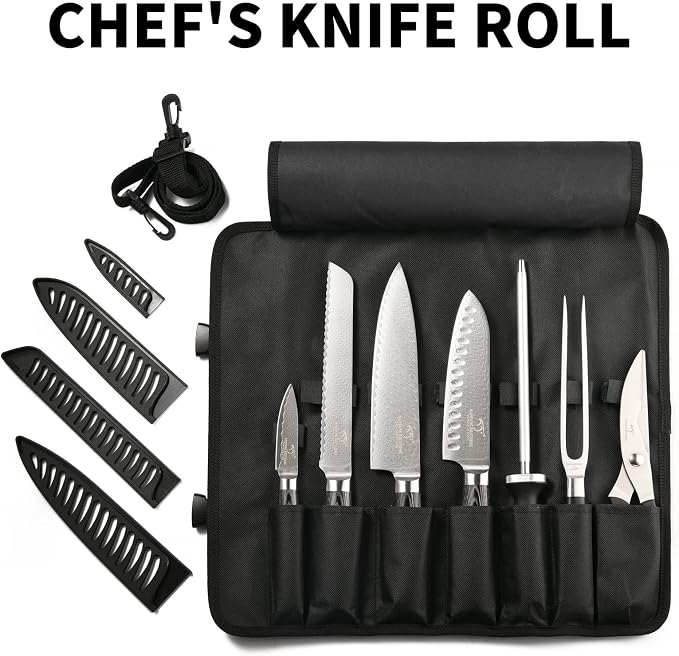 Chef Knife Set with Roll Bag, 8 Pieces Damascus Knife Set with VG10 Core Blades, 67-Layer Damascus Steel with Portable Oxford Cloth Storage Bag, Blade Guards, Camping Essentials